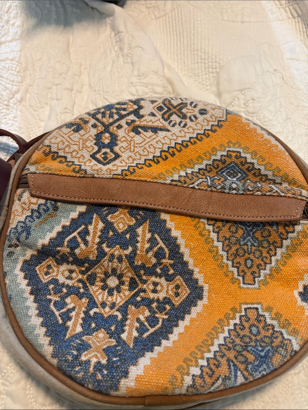 Source Unknown Round Woven Crossbody Bag in Mustard Yellow & Navy